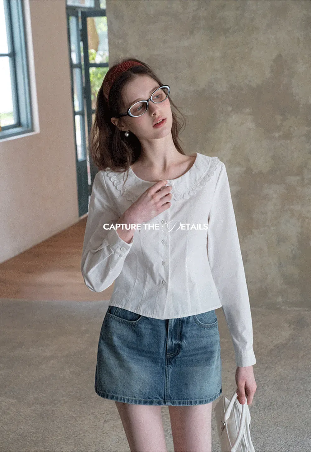 Long sleeve button front shirt with lace collar