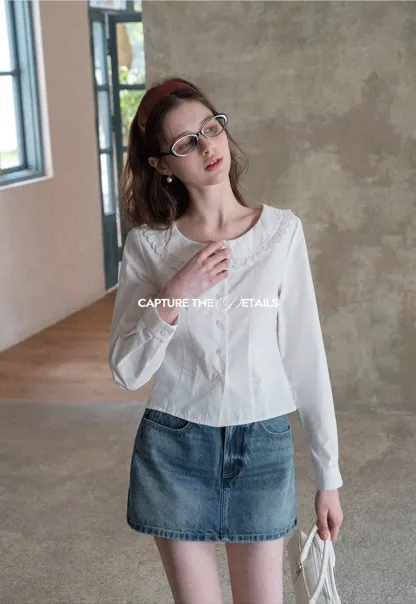 Long sleeve button front shirt with lace collar