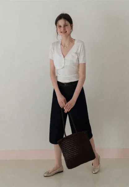 Short Sleeve Cable Knit Cardigan with Button Closure