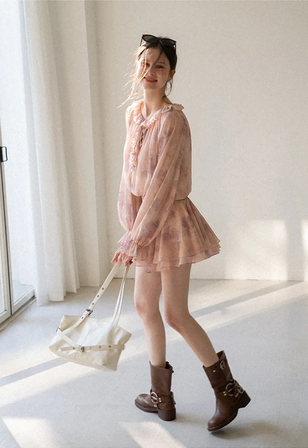 Floral Print Ruffled Neck Long Sleeve Dress