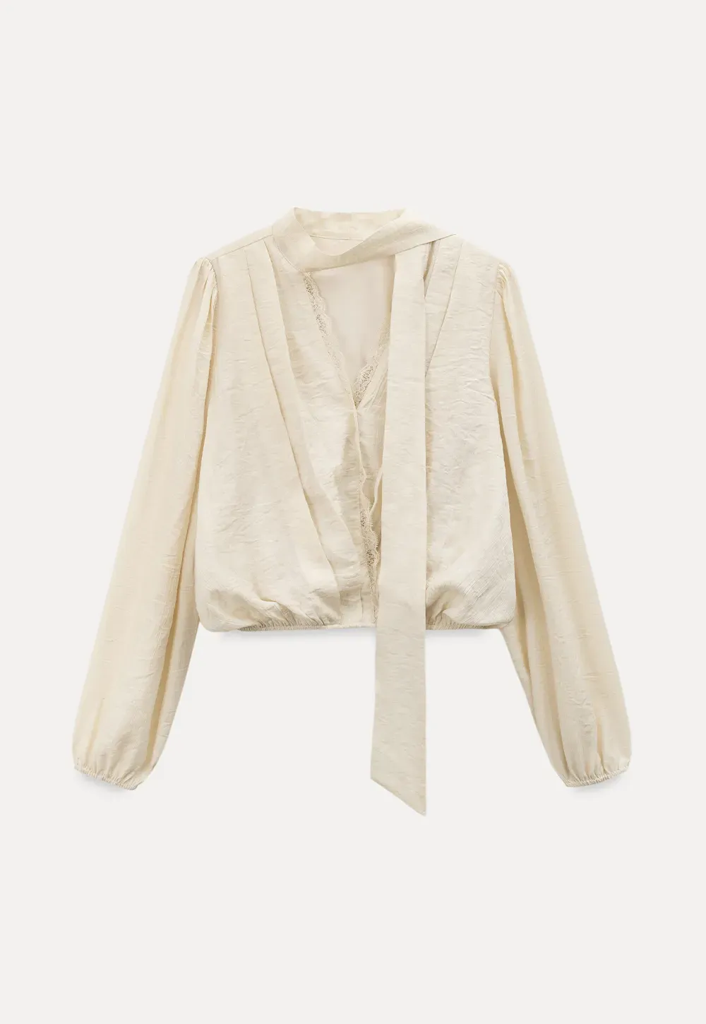 Blouse with Puffed Sleeves and Lace Trim