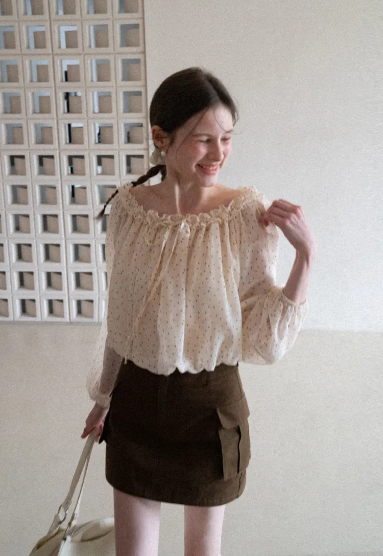 Polka Dot Ruffled Off Shoulder Chiffon Blouse