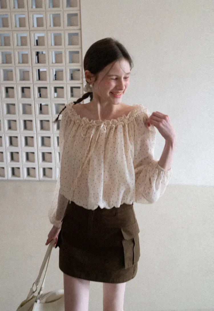 Polka Dot Ruffled Off Shoulder Chiffon Blouse