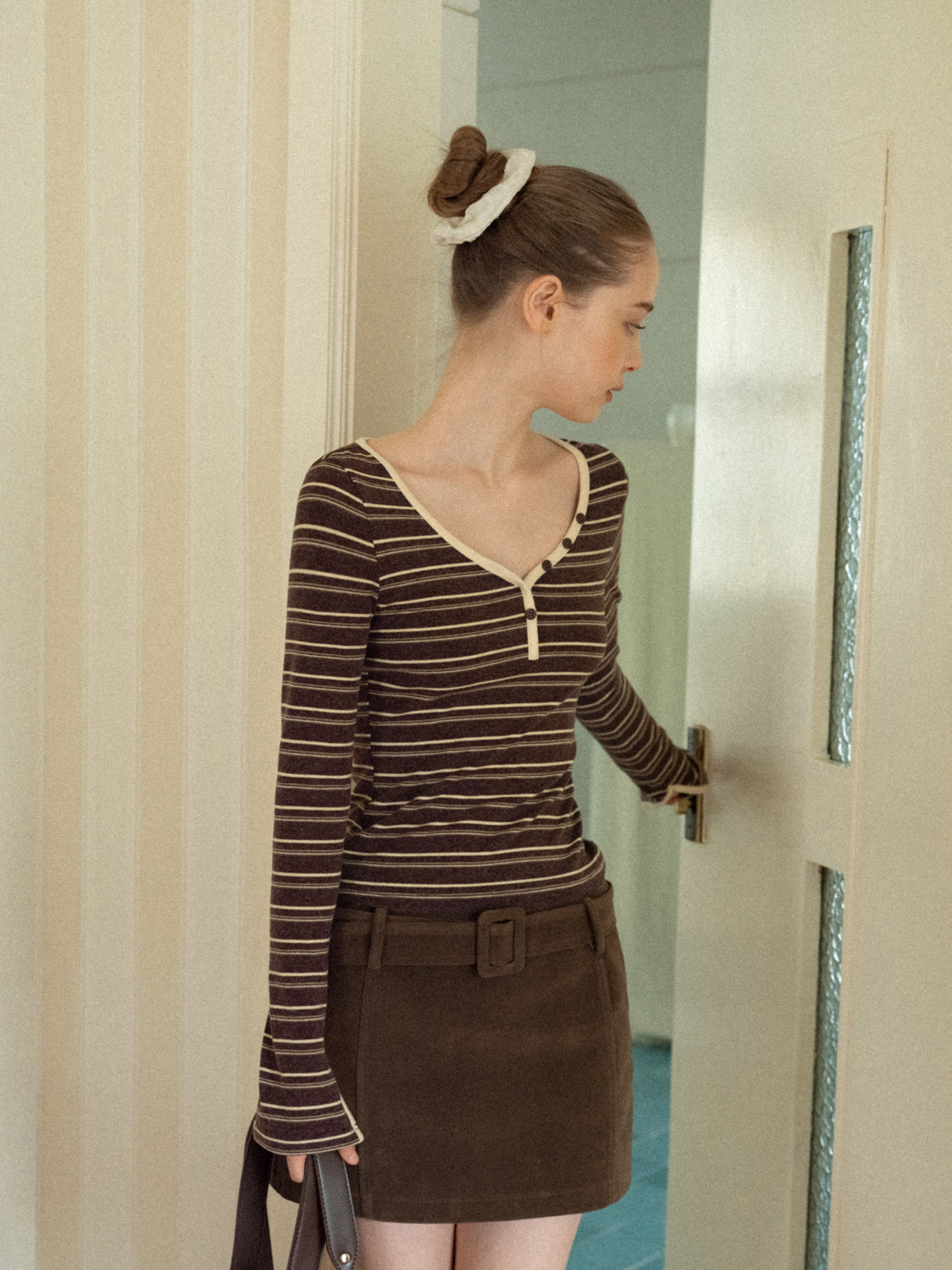 Women Striped Long Sleeve V-Neck Top
