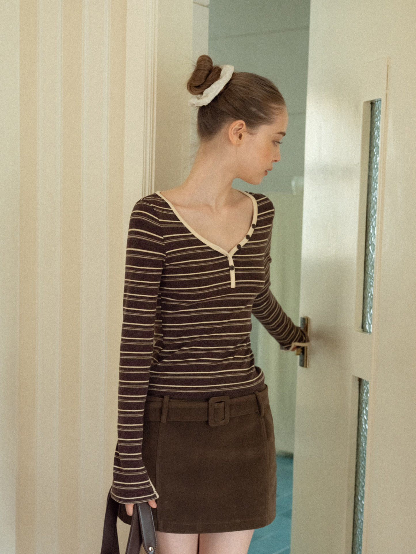 Women Striped Long Sleeve V-Neck Top