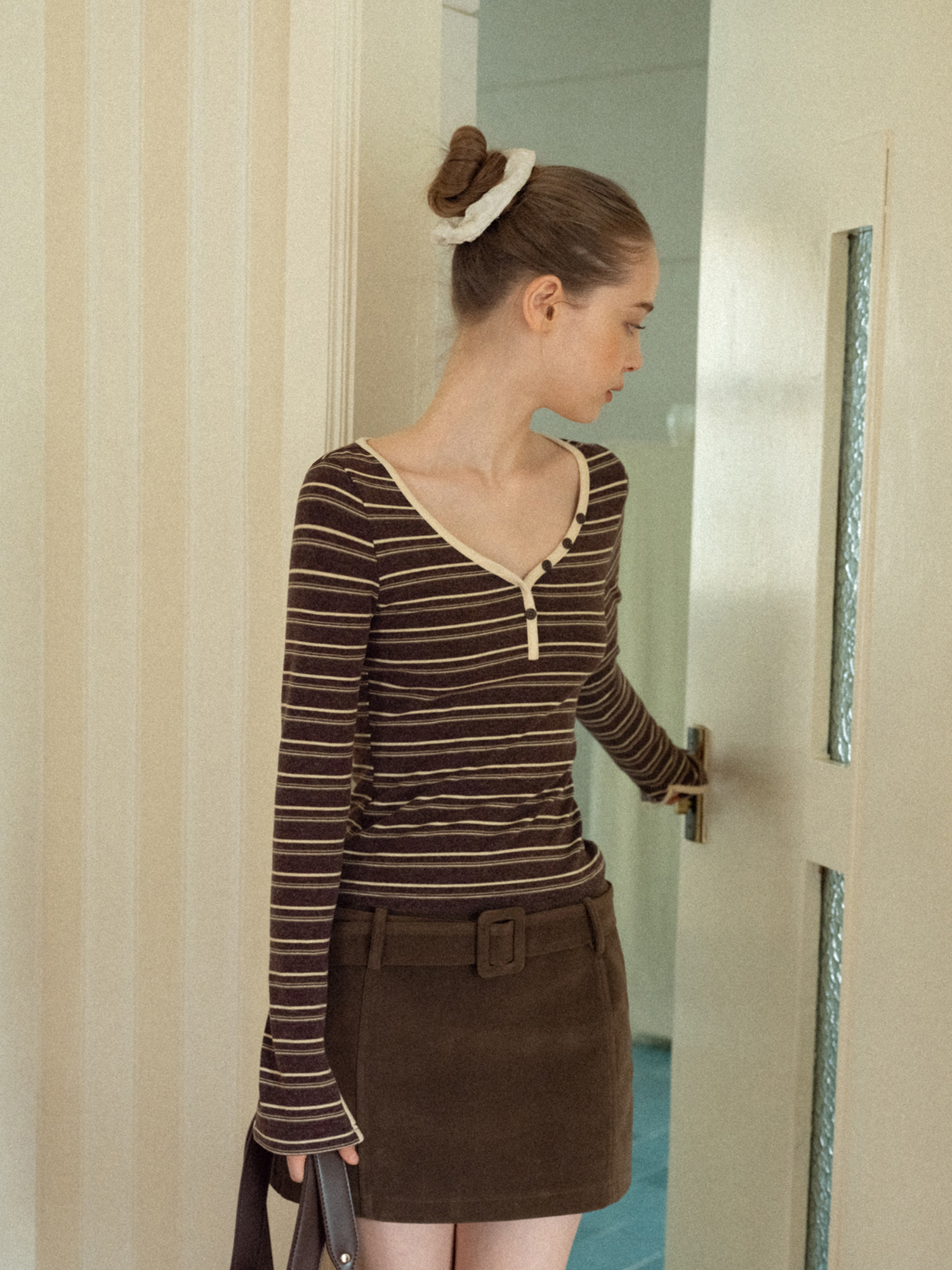Women Striped Long Sleeve V-Neck Top