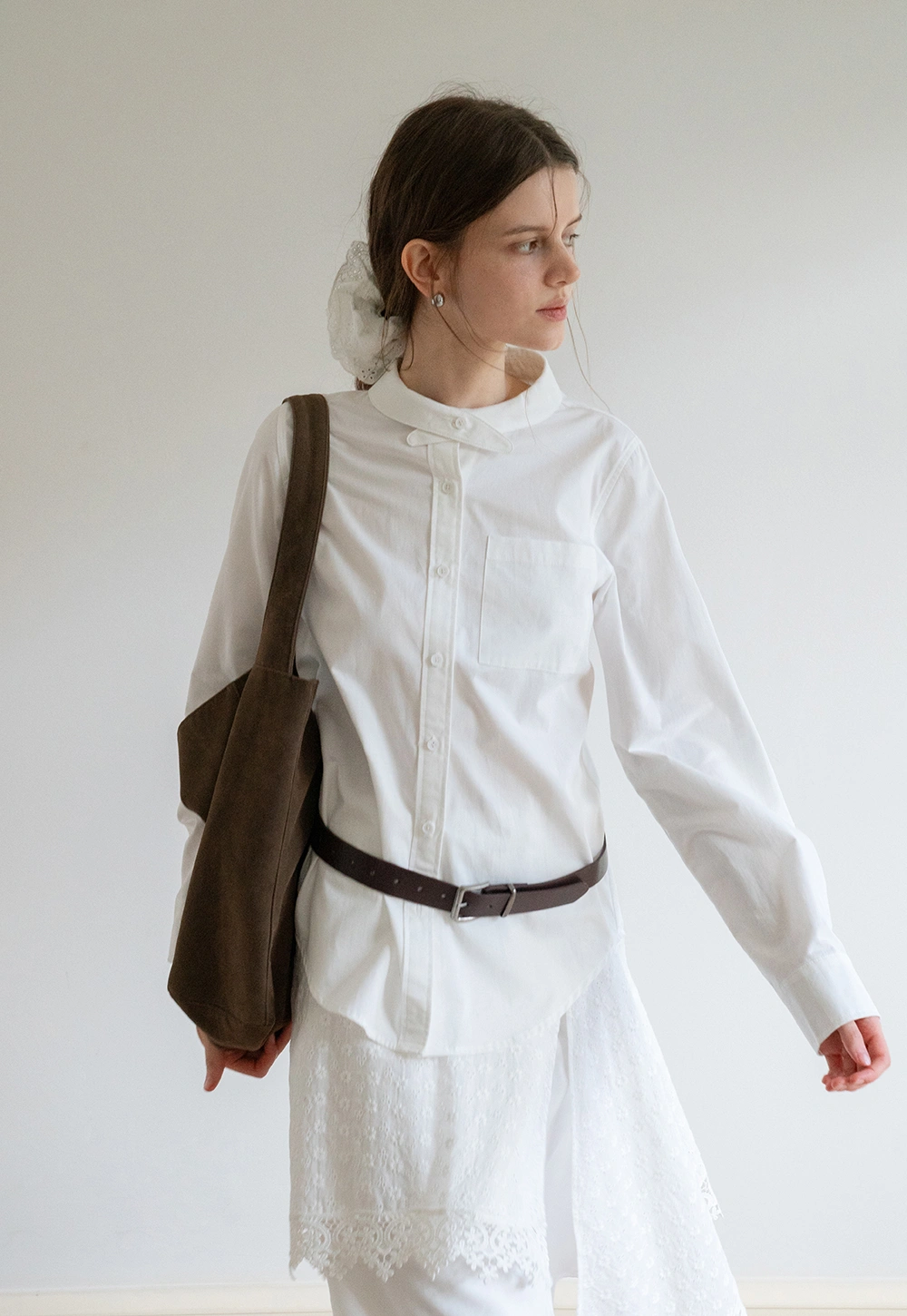 Womens Gingham Bow-Collar Long Sleeve Shirt