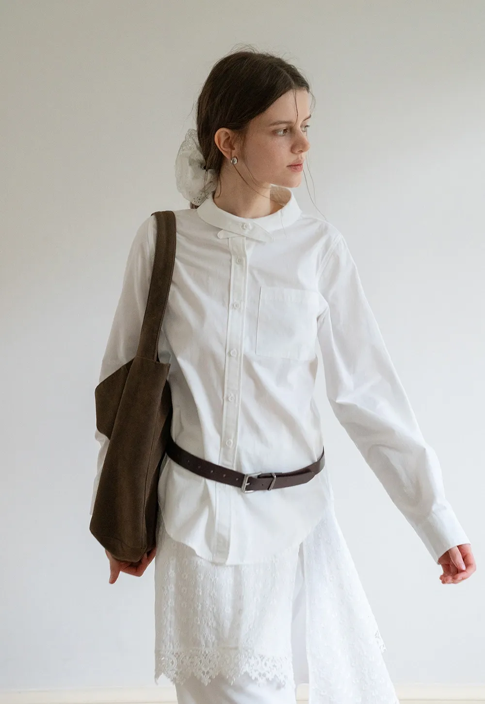 Womens Gingham Bow-Collar Long Sleeve Shirt