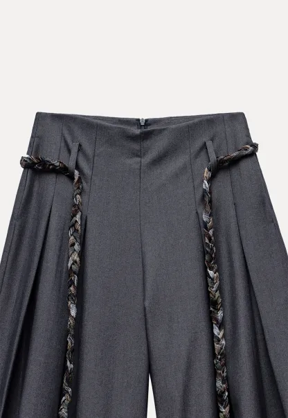Women's Wide Leg Pleated Pants with Braided Ties