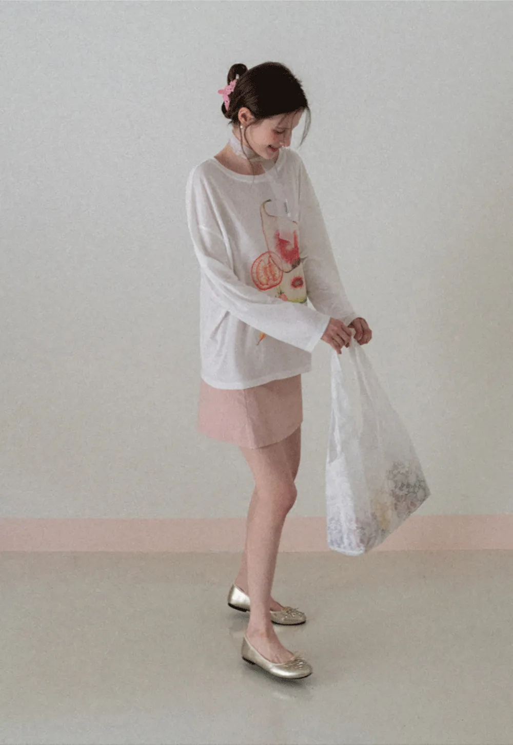 Oversized T shirt with fruit print and sheer neck detail