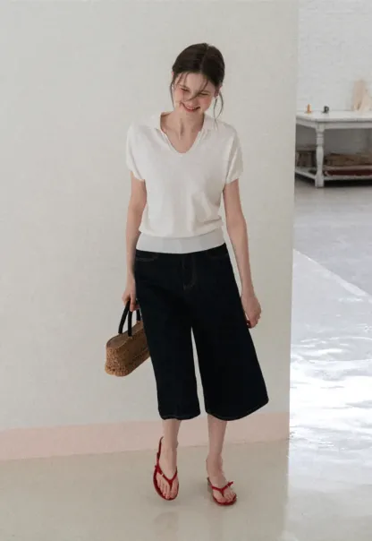 V Neck Short Sleeve Knit Sweater with Collar