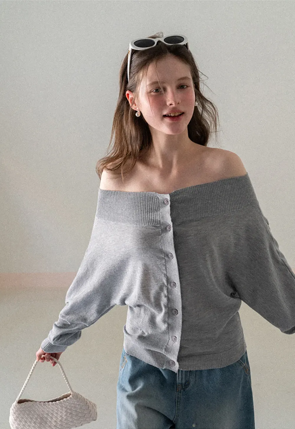 Off Shoulder Knit Cardigan with Button Front