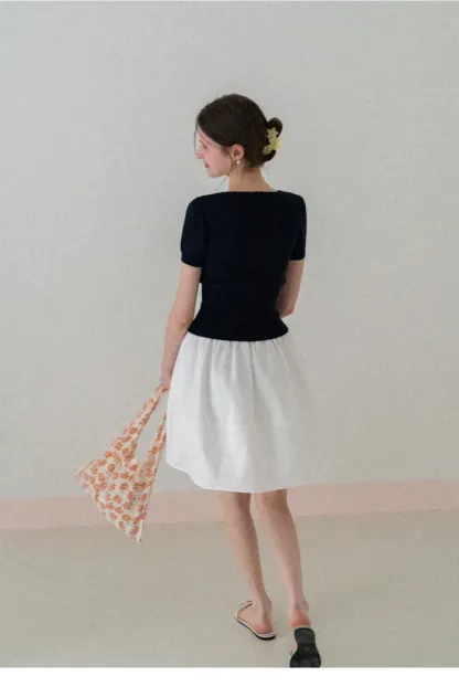 Short Sleeve Knit Top with Lace Trim and Button Placket