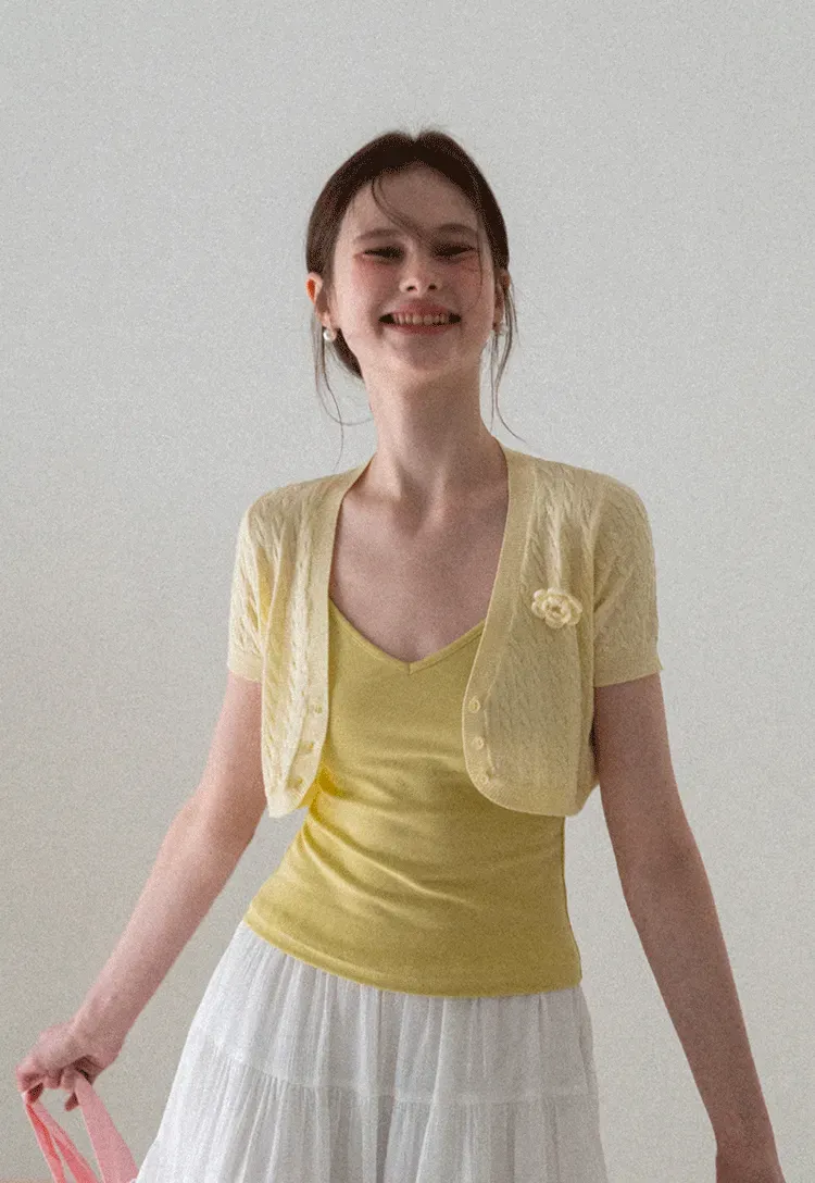 Short Sleeve Cable Knit Cardigan with Button Closure