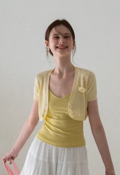 Short Sleeve Cable Knit Cardigan with Button Closure