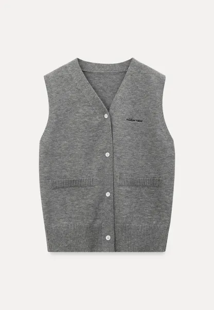 Knitted Vest with Button Closure and Embroidery