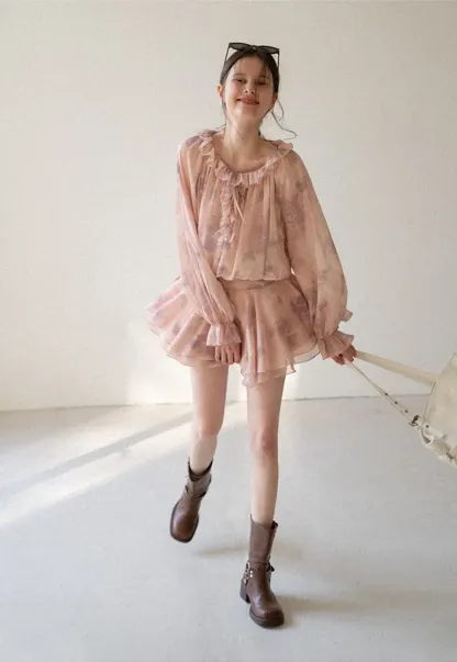 Floral Print Ruffled Neck Long Sleeve Dress