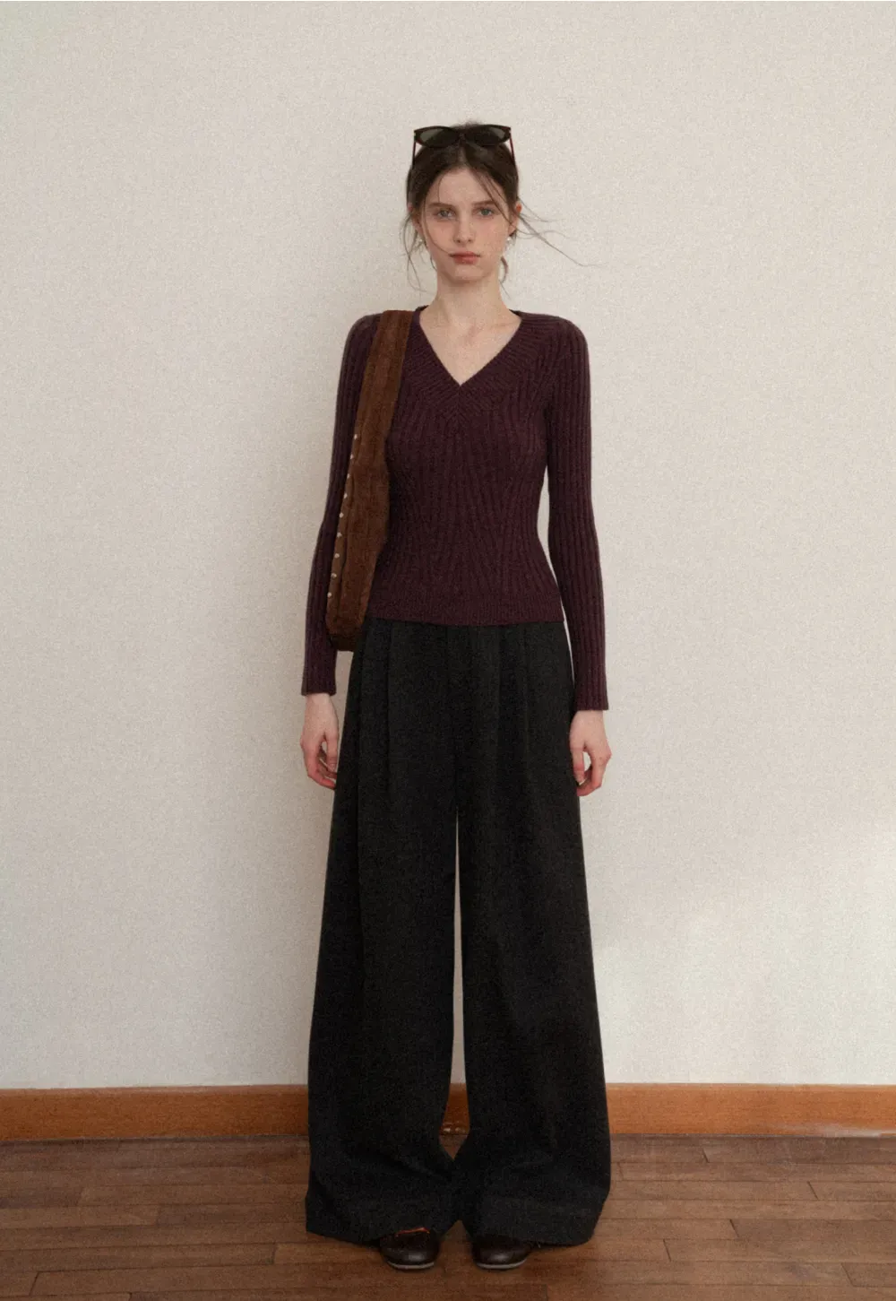 Elegant Ribbed Knit Sweater with V-Neck Design