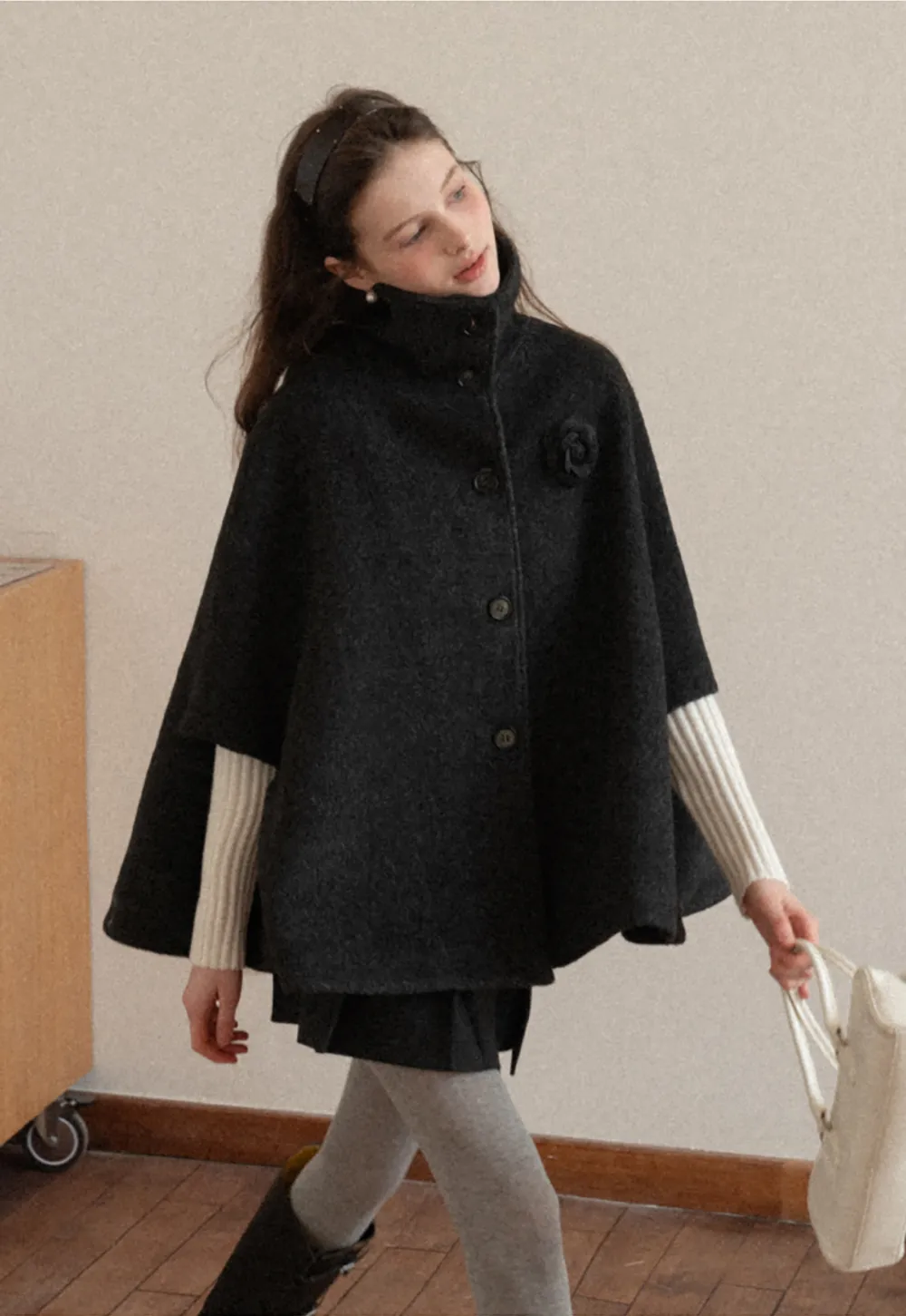 Wool Cape with High Neck Design