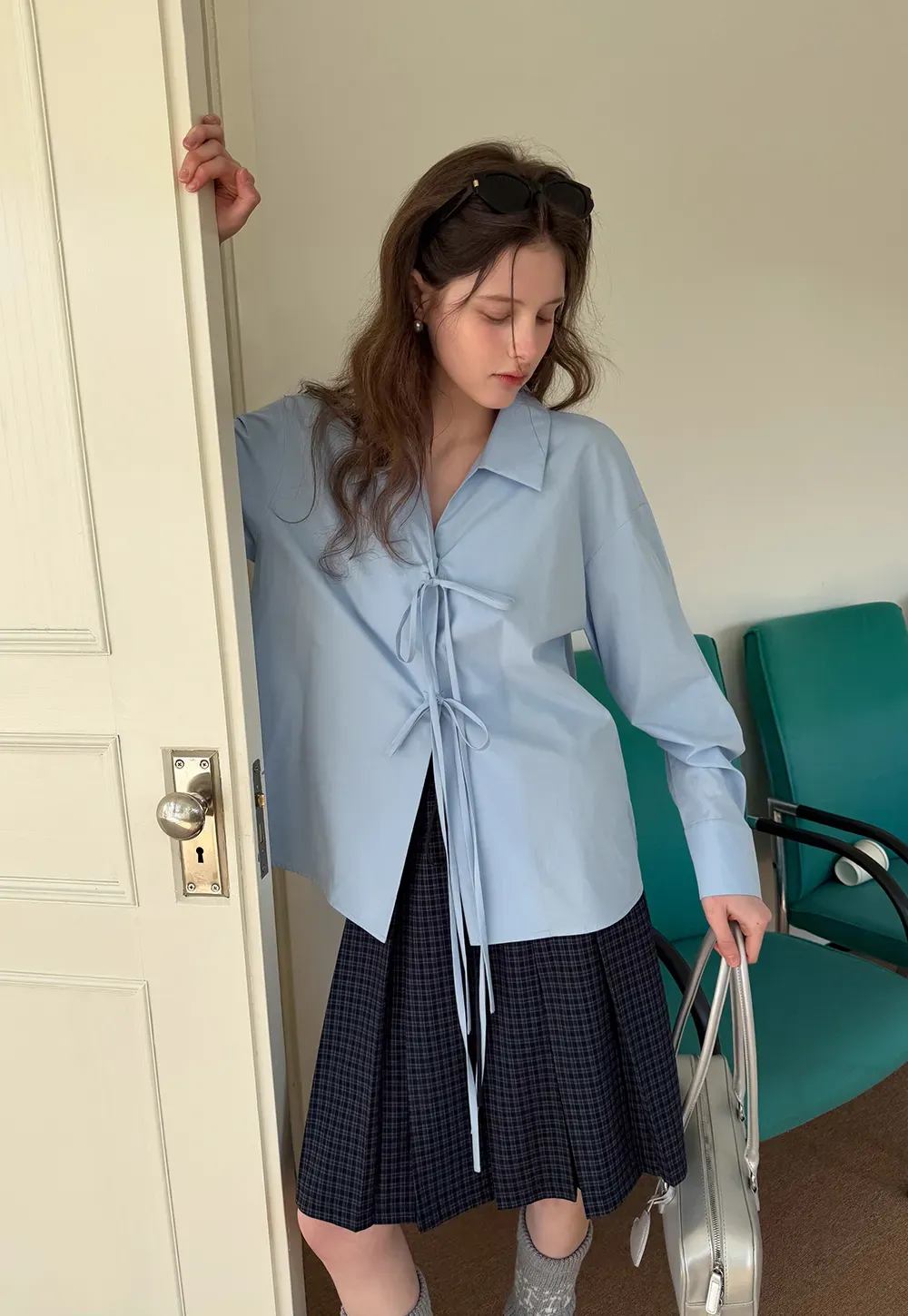 Long sleeve shirt with front tie detail