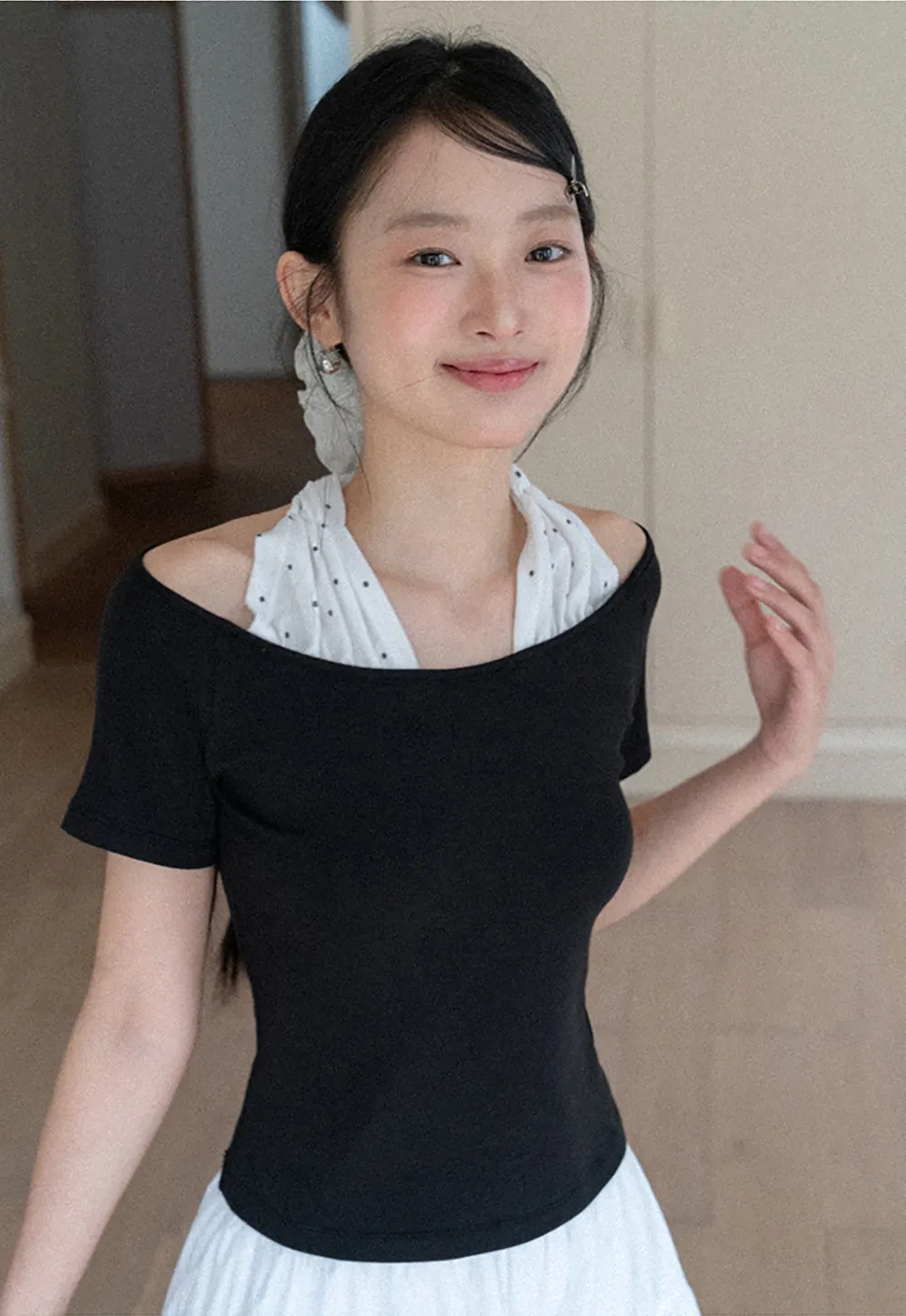 Off shoulder short sleeve top with halter neck detail