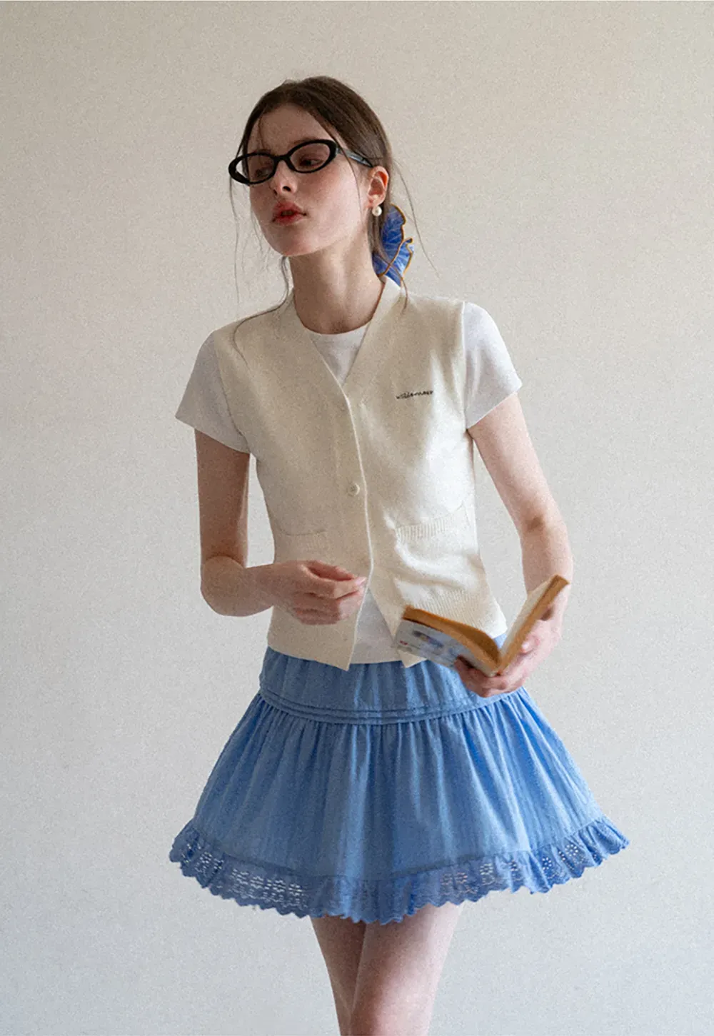 Knitted Vest with Button Closure and Embroidery