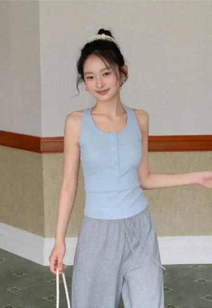 Sleeveless Halter Neck Top with Front Placket