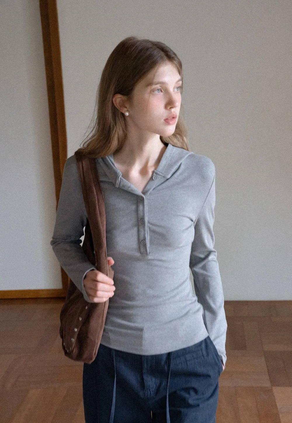 Long Sleeve Hoodie Top with Button Front