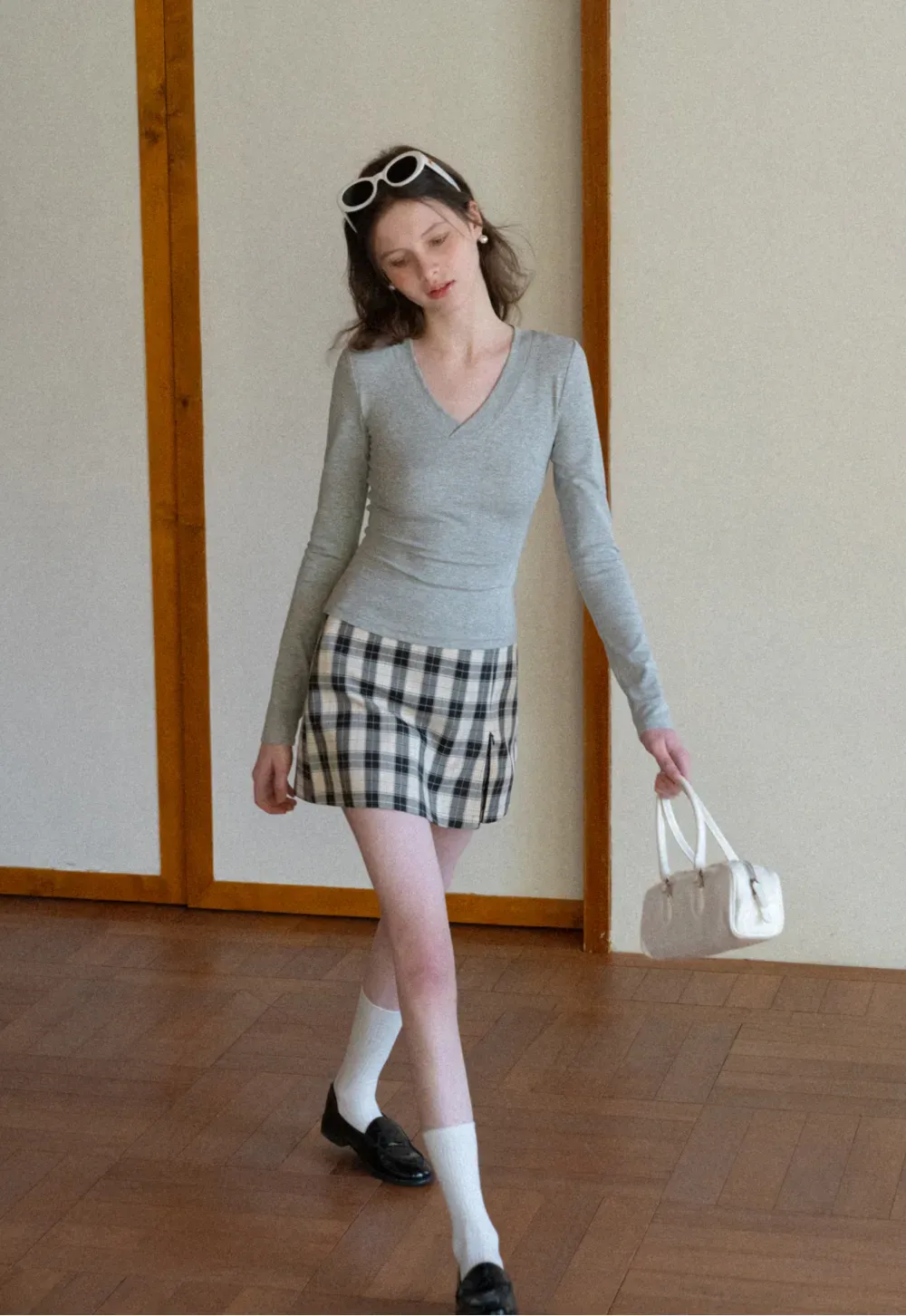Plaid Skirt with Front Slit