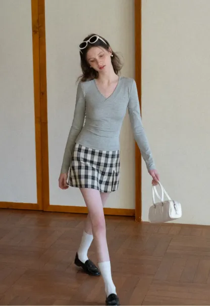 Plaid Skirt with Front Slit