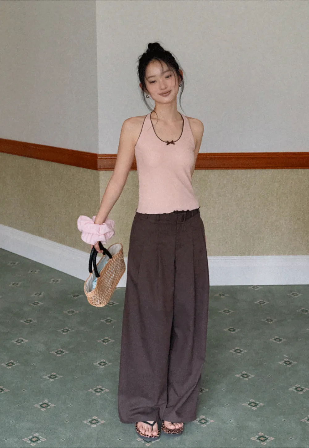 Halter neck tank top with thin straps and bow detail