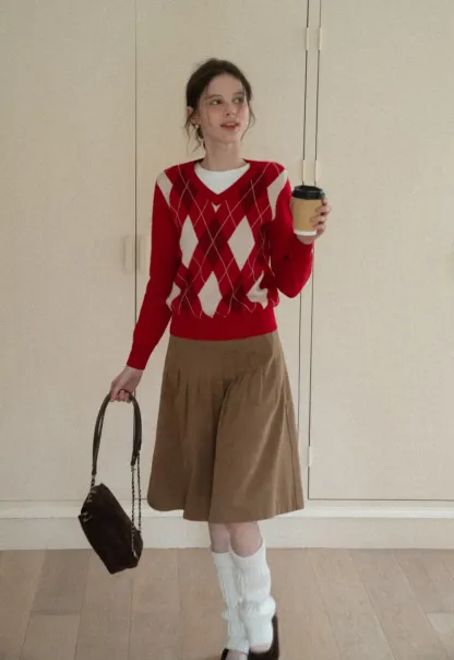 Red Knit Sweater with Shoulder Details