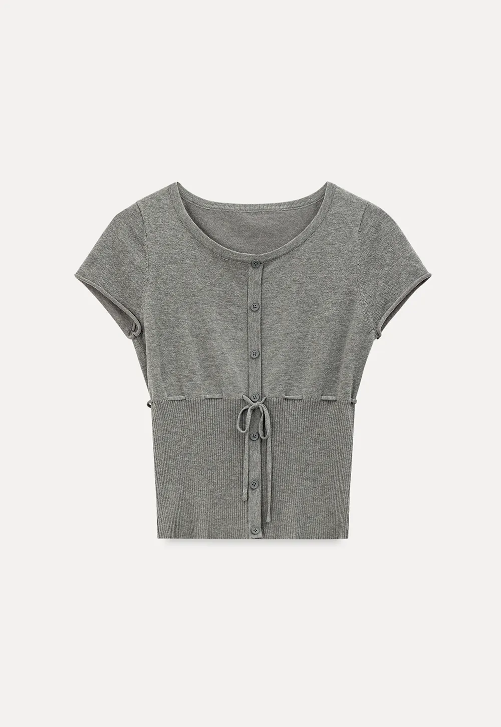 Short Sleeve Knit Cardigan with Front Buttons and Waist Tie