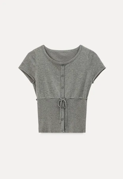 Short Sleeve Knit Cardigan with Front Buttons and Waist Tie