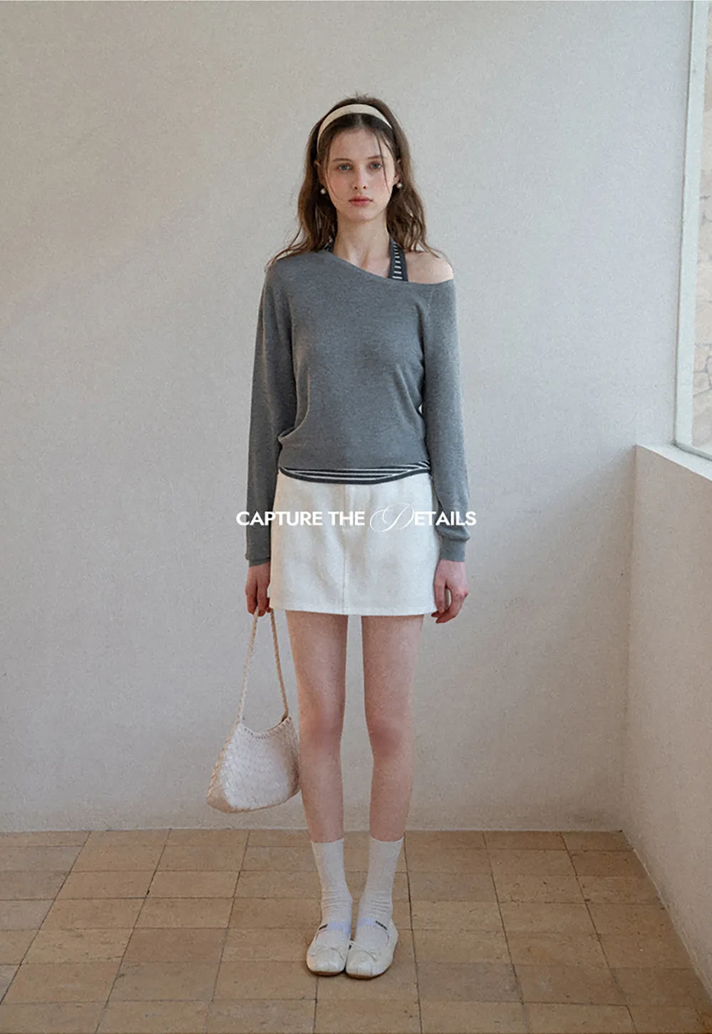 Off Shoulder Long Sleeve Knit Sweater with Striped Trim