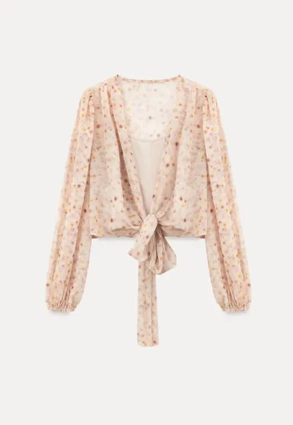 Lace Chiffon Wrap Blouse with Long Sleeves