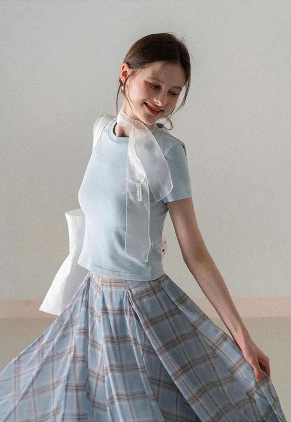 Short Sleeve Crew Neck T Shirt with Sheer Scarf Detail