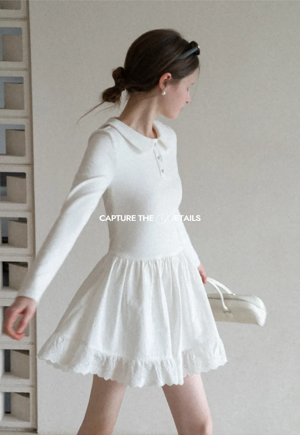 Elegant Long Sleeve Dress with Lace Trim and Flared Skirt