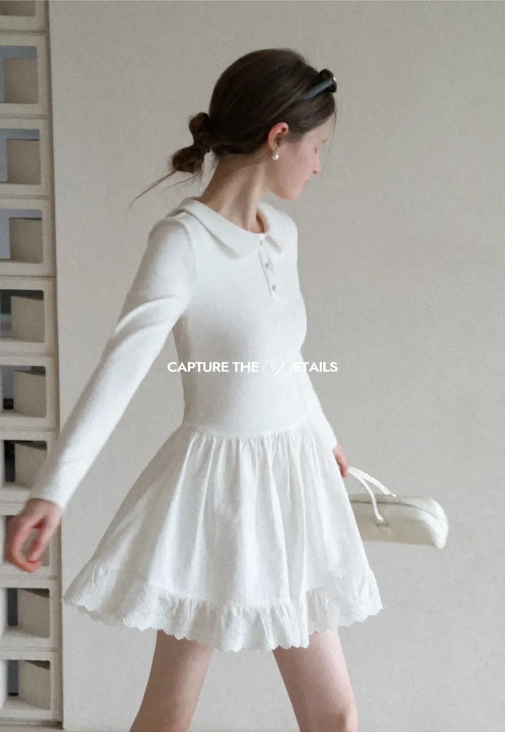 Elegant Long Sleeve Dress with Lace Trim and Flared Skirt