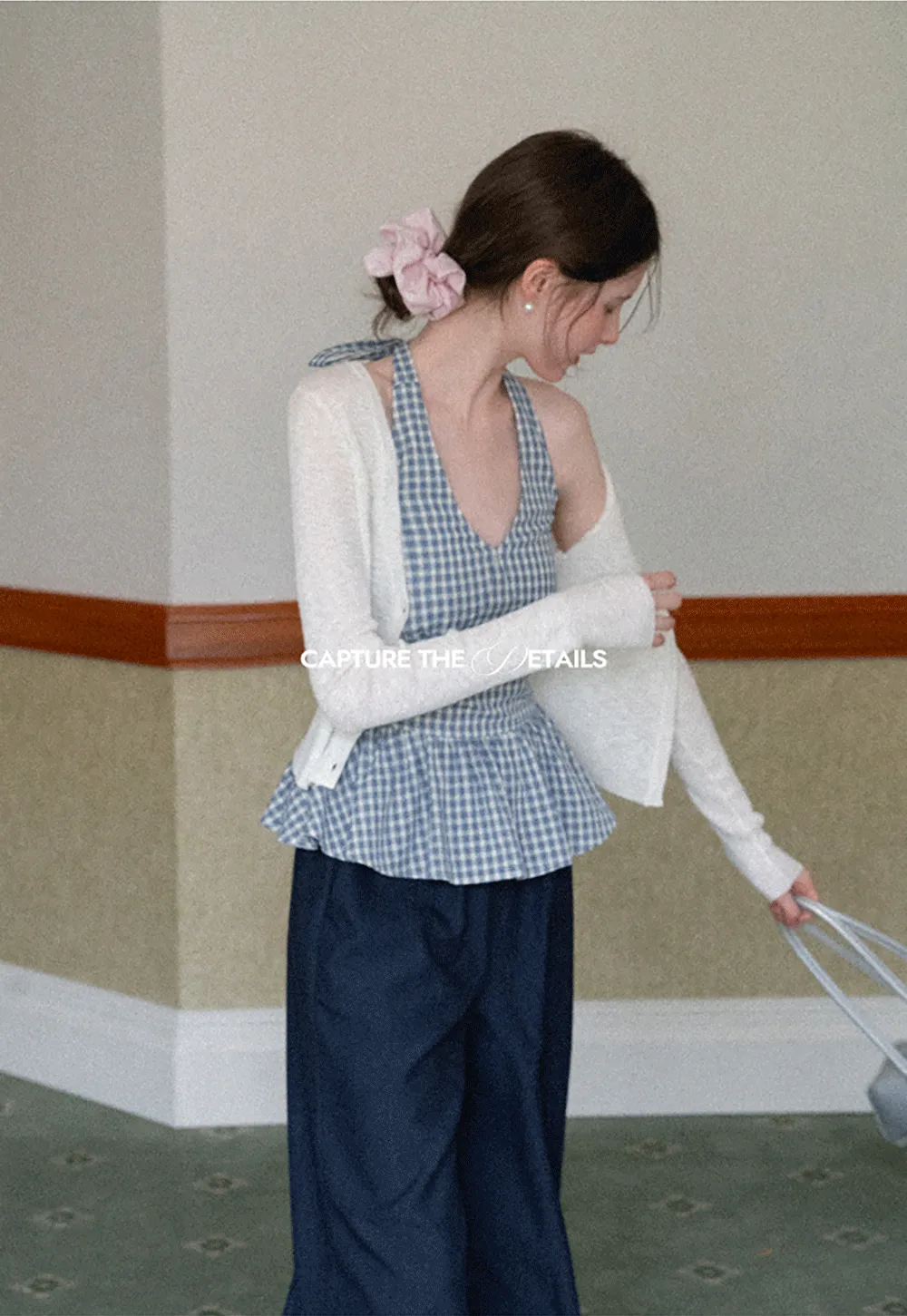 Strapless top with sheer neck tie and loose fit pants