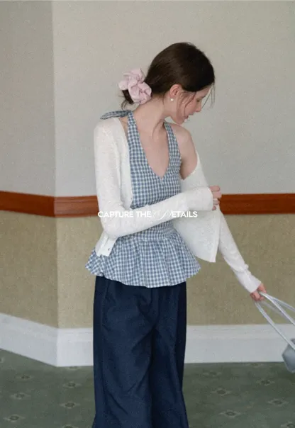 Strapless top with sheer neck tie and loose fit pants