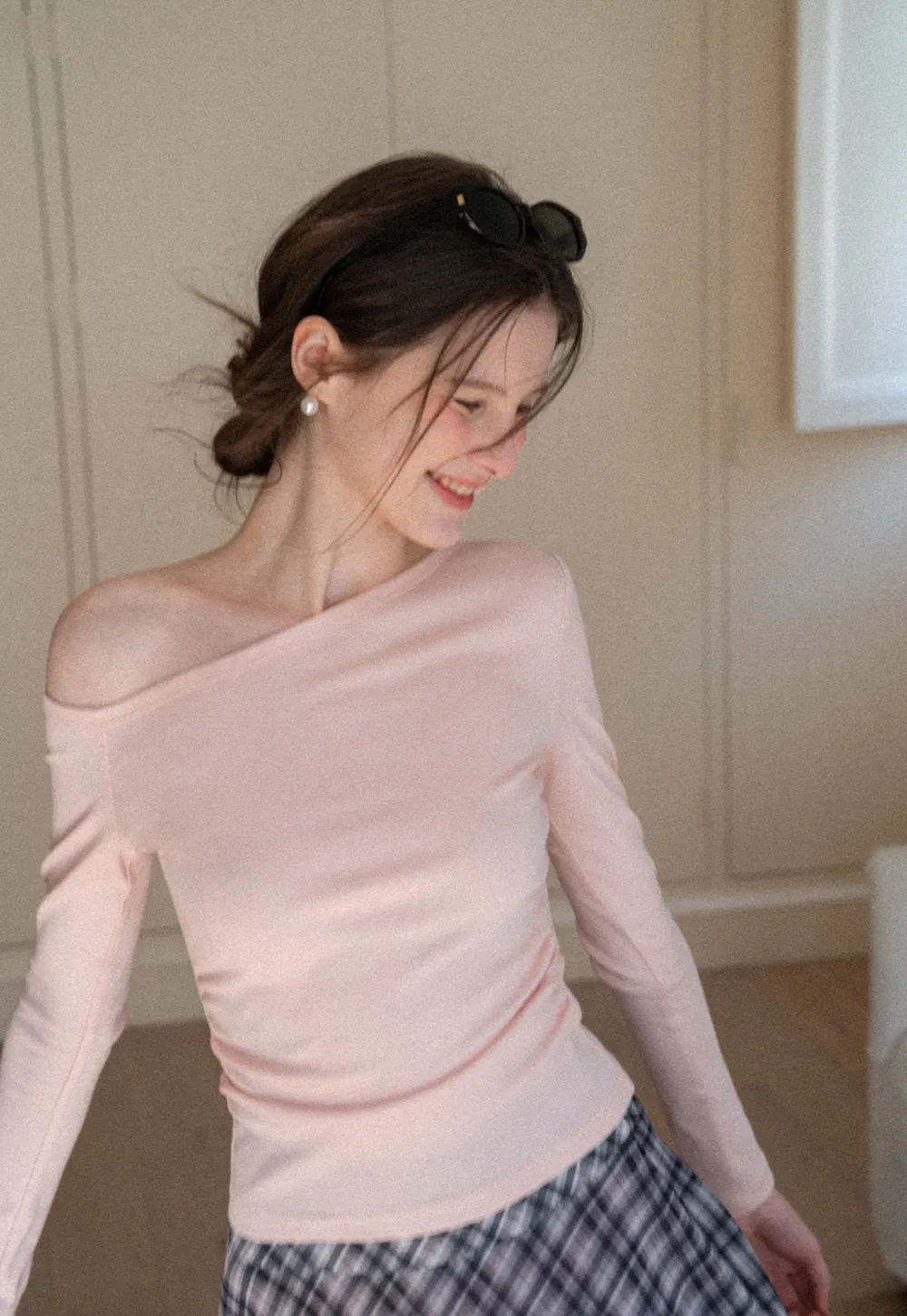 Asymmetrical long sleeve off shoulder top