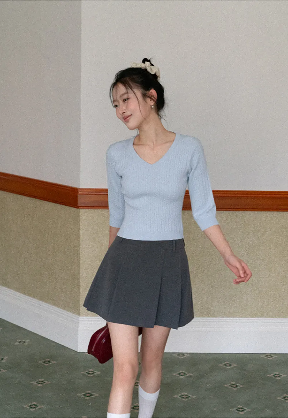 V Neck Ribbed Knit Crop Top