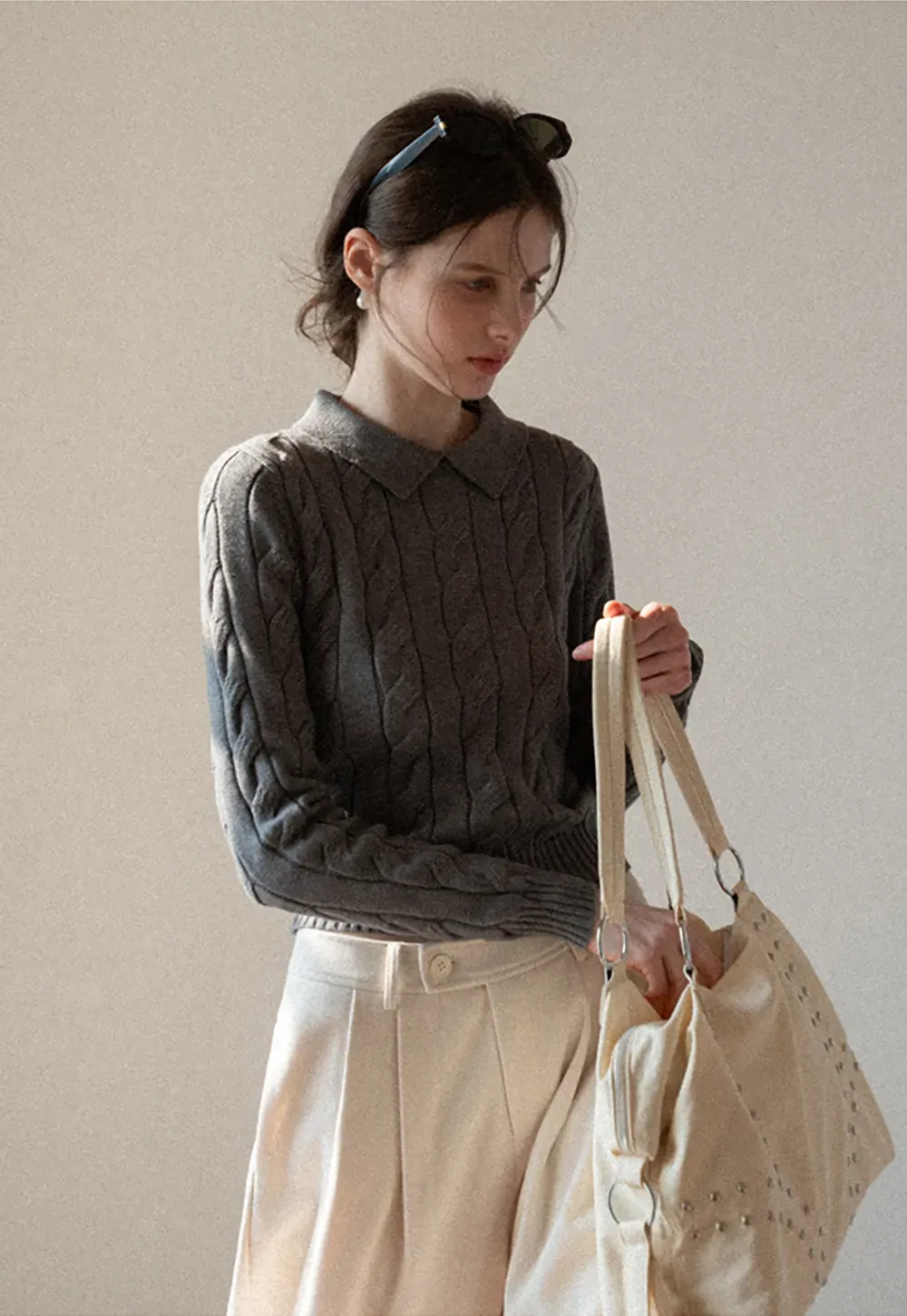 Cable Knit Crop Sweater with Collar