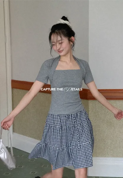 Gingham Pattern Tiered Skirt