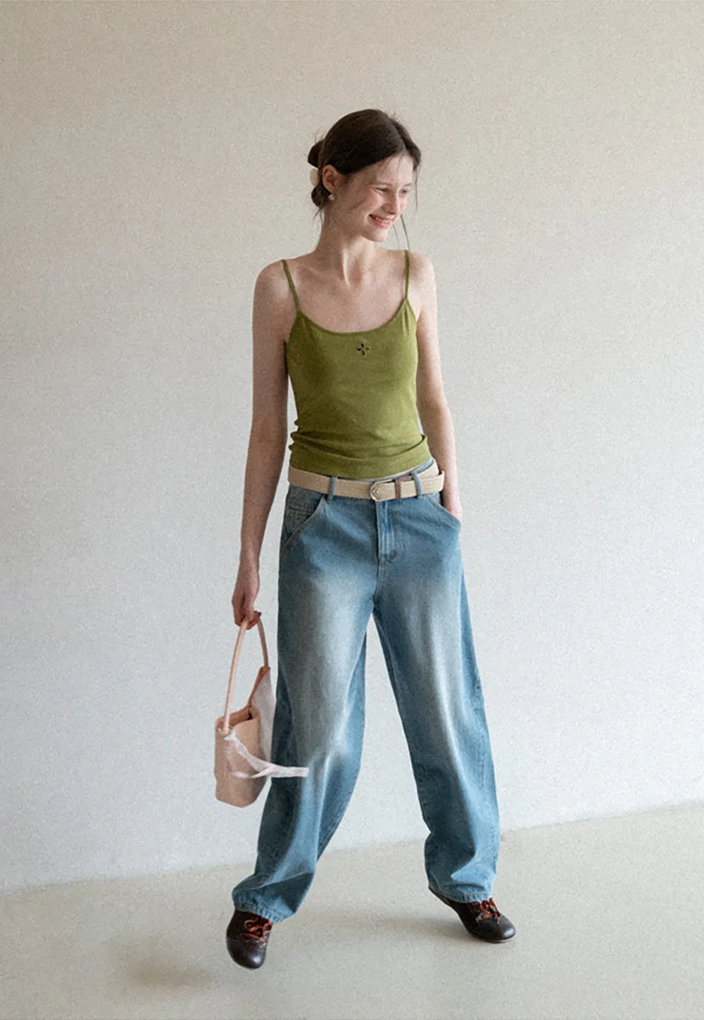 Gray tank top with small embroidered cross detail