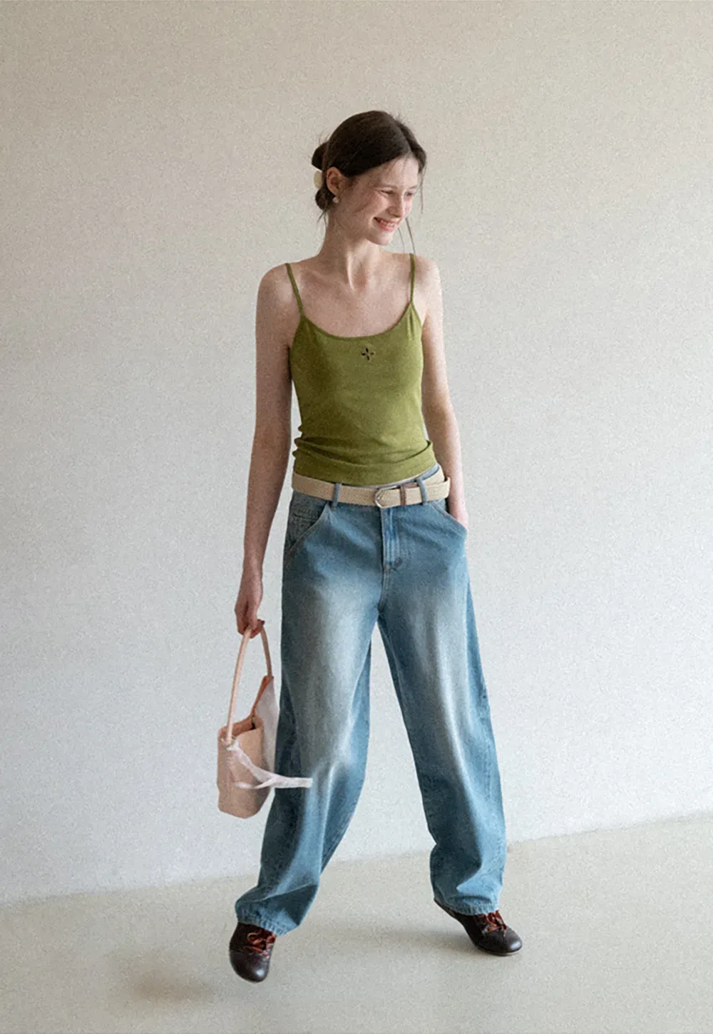 Gray tank top with small embroidered cross detail