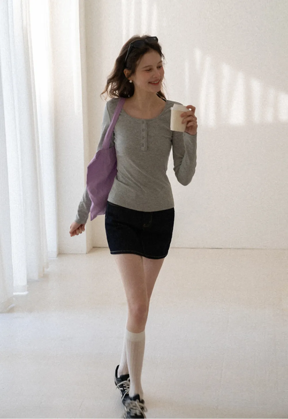 Long sleeve henley top with front buttons