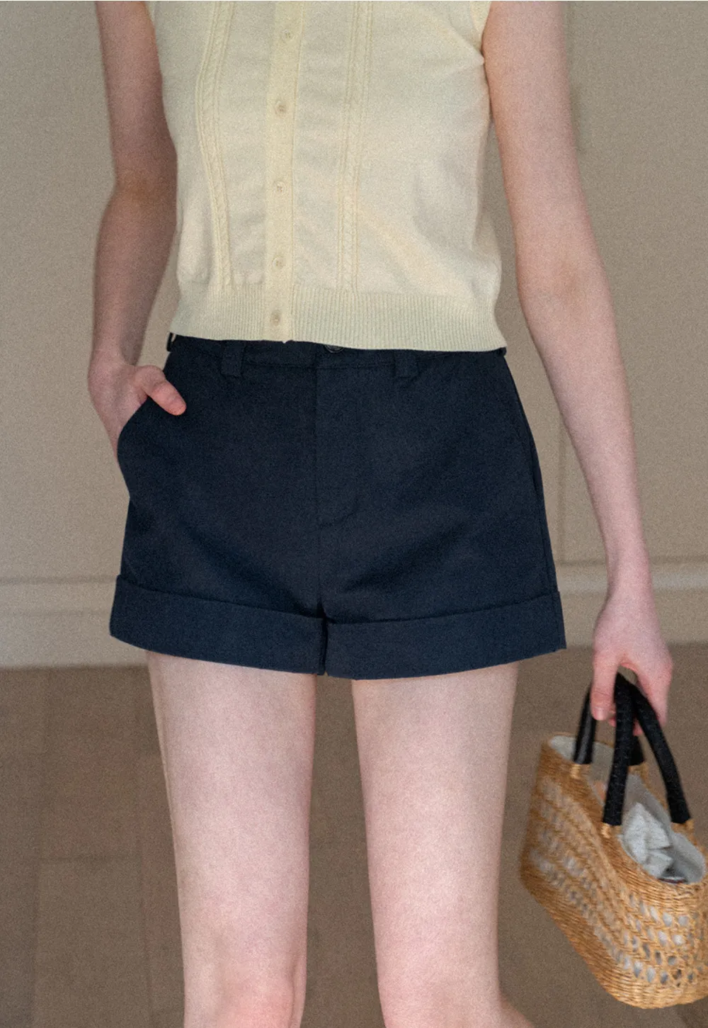 Cropped Tailored Shorts with Cuffed Hem