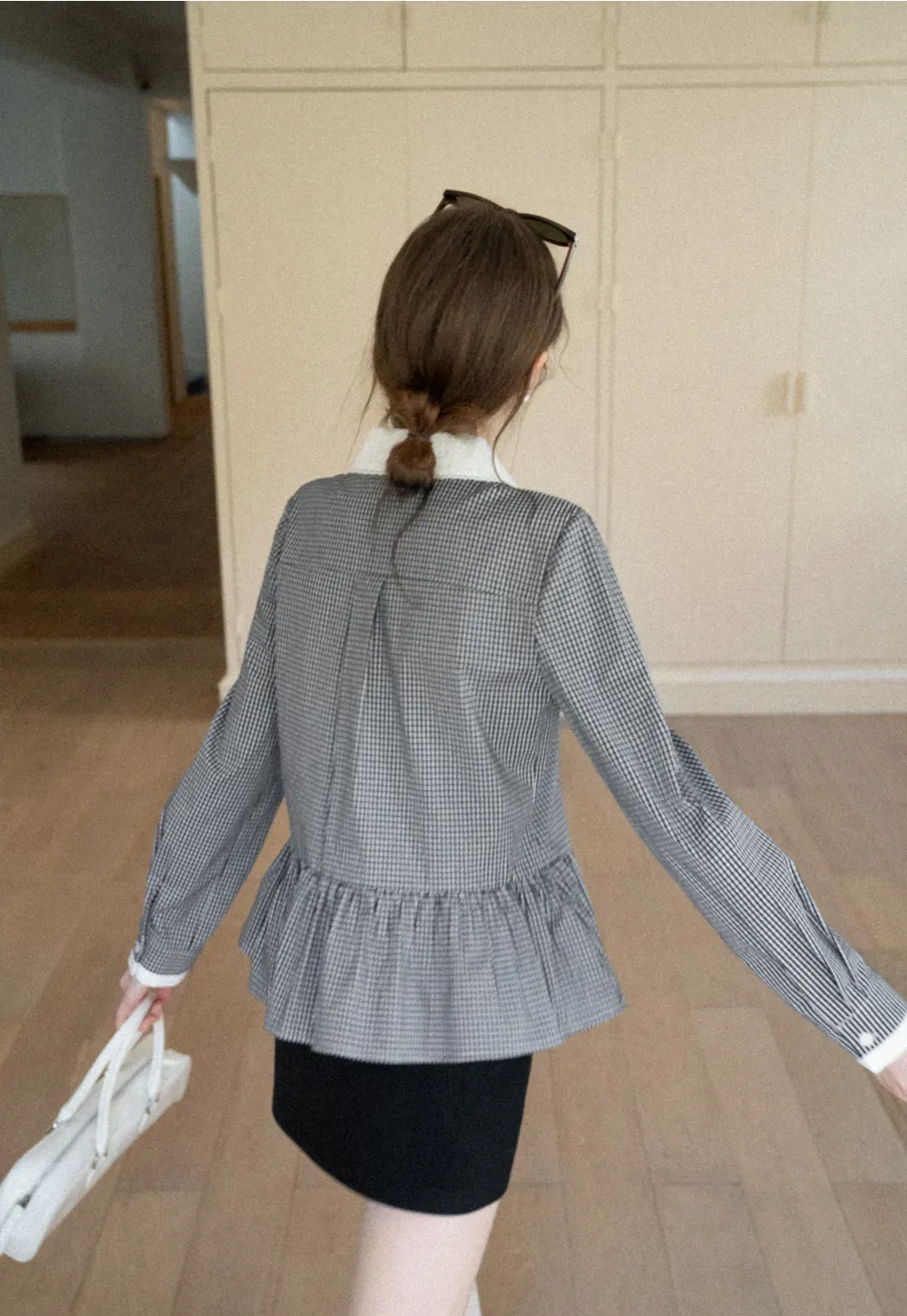 Peplum Gingham Collar Shirt with Flared Hem